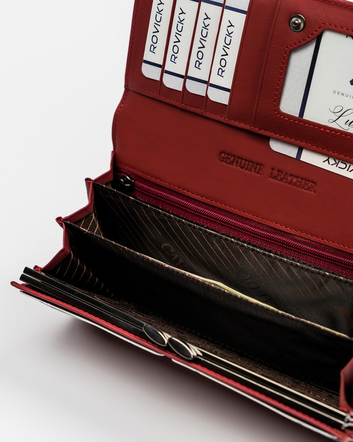 Duży lakierowany portfel damski z czerwonej skóry naturalnej na zatrzask - Cavaldi