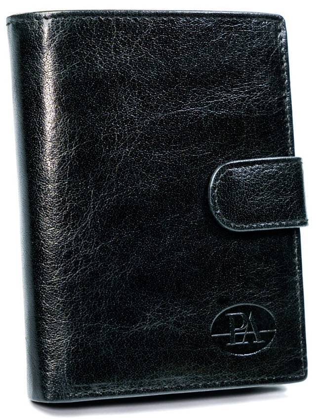 Klasyczny, pionowy portfel z zapięciem, skóra naturalna, RFID Stop — Pierre Andreus