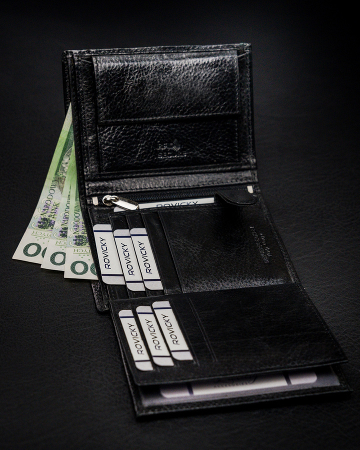 Klasyczny portfel męski pionowy z naturalnej skóry z technologią RFID - Rovicky