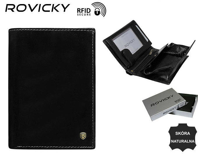 Klasyczny portfel męski ze skóry naturalnej z miejscem na dowód rejestracyjny, RFID - Rovicky