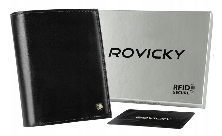 Klasyczny portfel męski ze skóry naturalnej z miejscem na dowód rejestracyjny, RFID — Rovicky