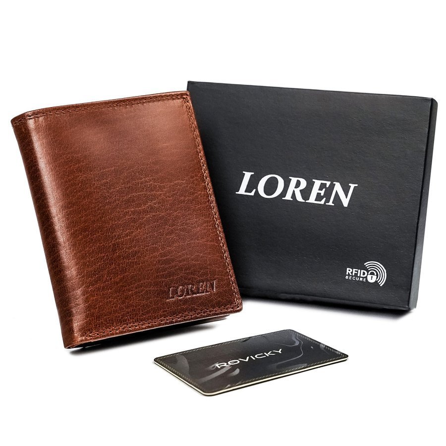 Klasyczny, składany portfel męski pionowy ze skóry naturalnej, RFID — Loren