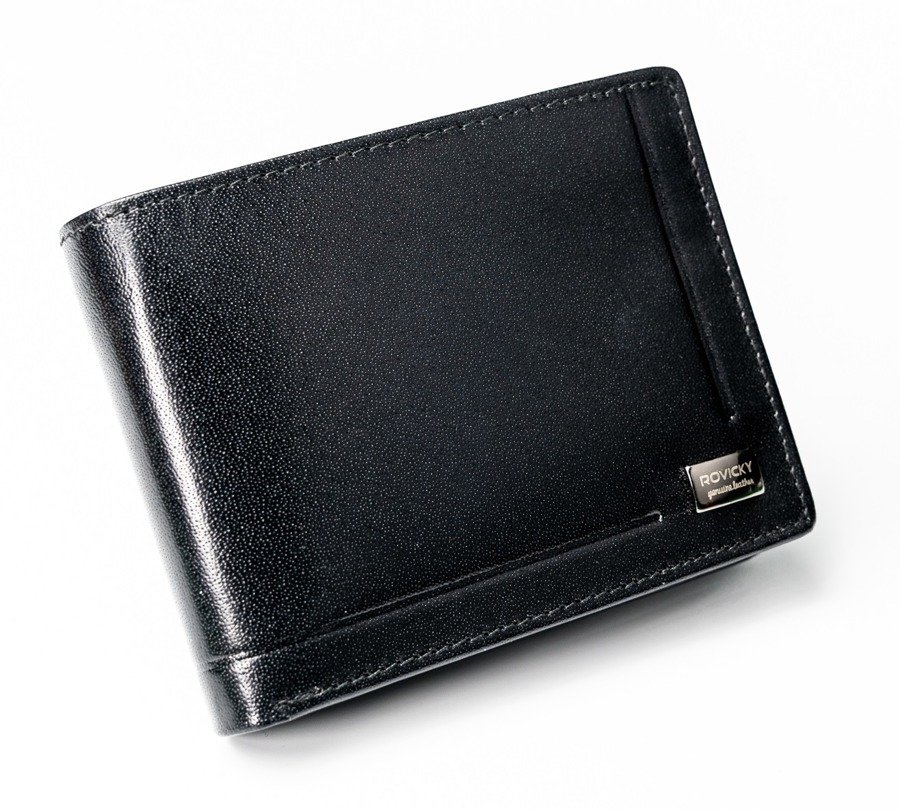 Kompaktowy czarny portfel ze skóry naturalnej wysokiej jakości — Rovicky