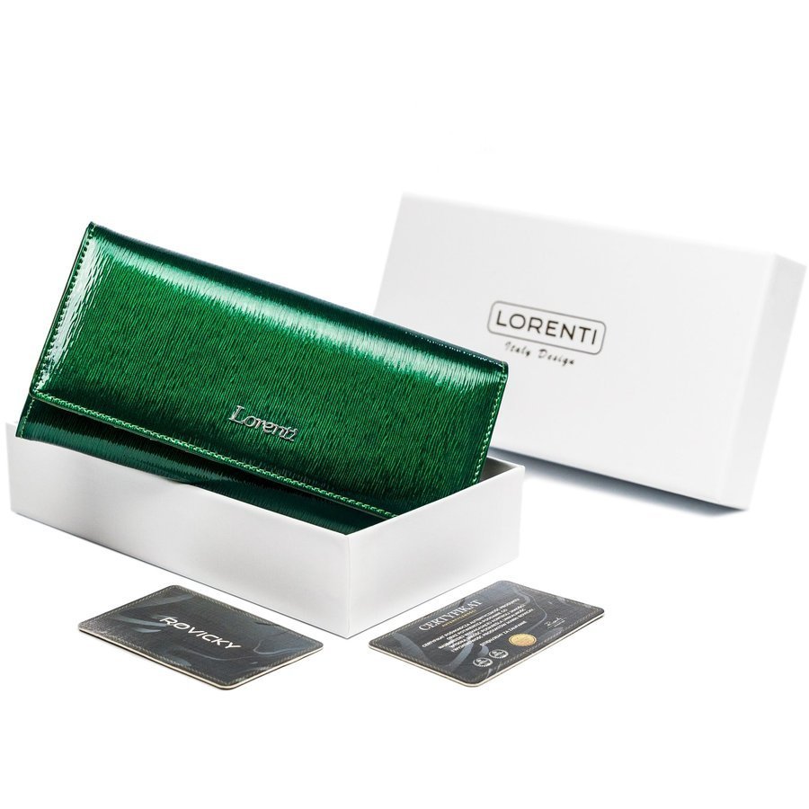 Lakierowany portfel damski z portmonetką na bigiel, skóra naturalna RFID — Lorenti