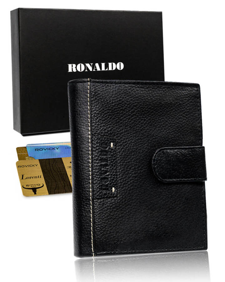 Męski duży portfel skórzany, pionowy z zapinką i ochroną RFID — Ronaldo