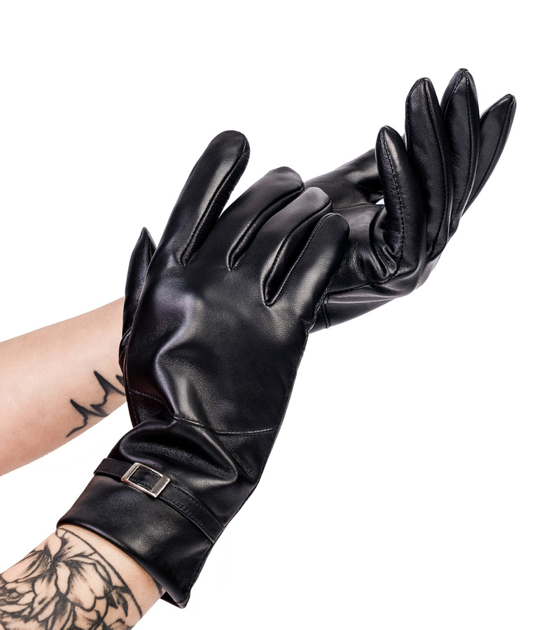 Ocieplane rękawiczki damskie ze skóry naturalnej ze sprzączką  - Rovicky
