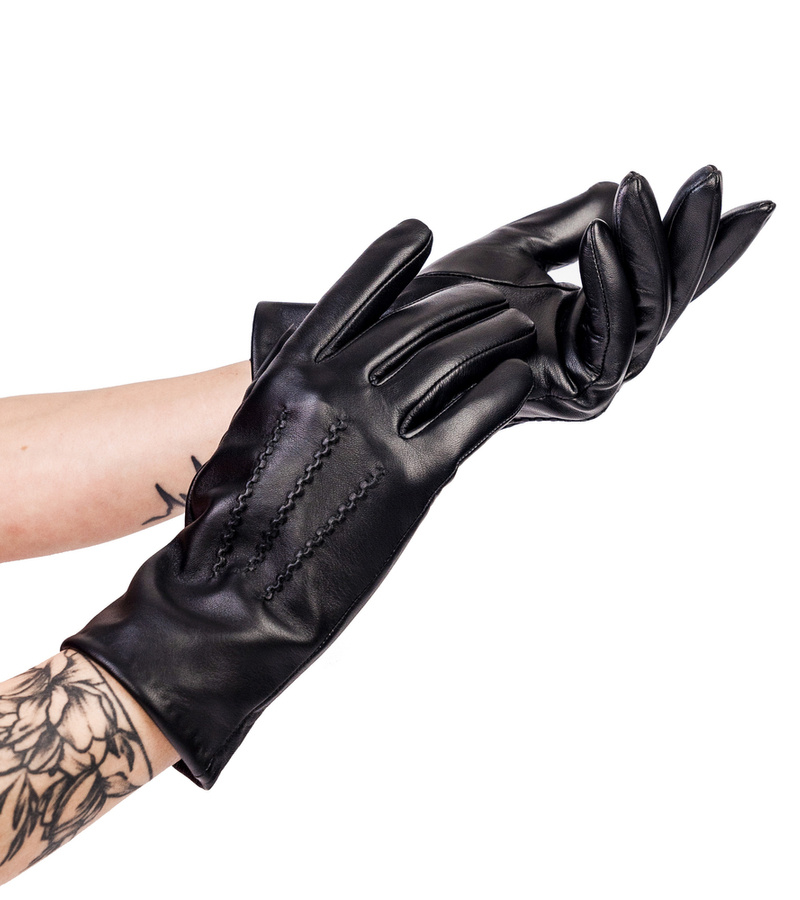 Ocieplane, skórzane rękawiczki damskie z pręgowanym wzorkiem -  Rovicky