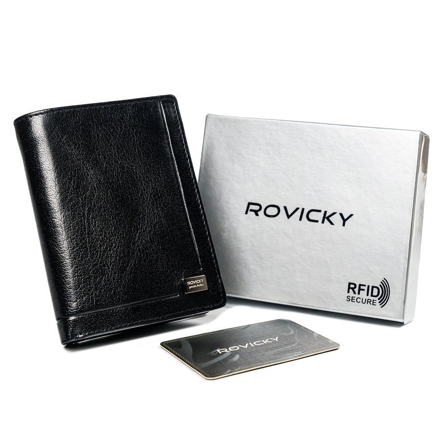 Pionowy portfel męski bez zapięcia, skóra naturalna, RFID — Rovicky