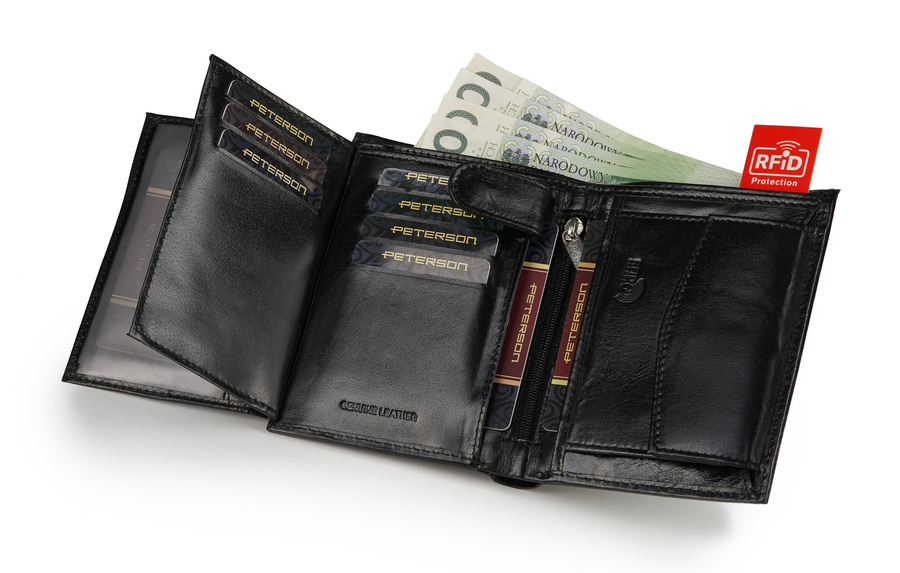 Pionowy skórzany portfel z dużą sekcją na dokumenty RFID - Peterson