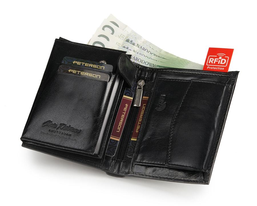 Pionowy skórzany portfel z dużą sekcją na dokumenty RFID - Peterson