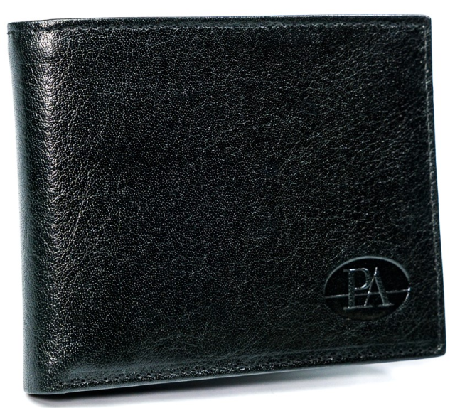Ponadczasowy portfel męski w orientacji poziomej, skórzany z RFID Stop — Pierre Andreus