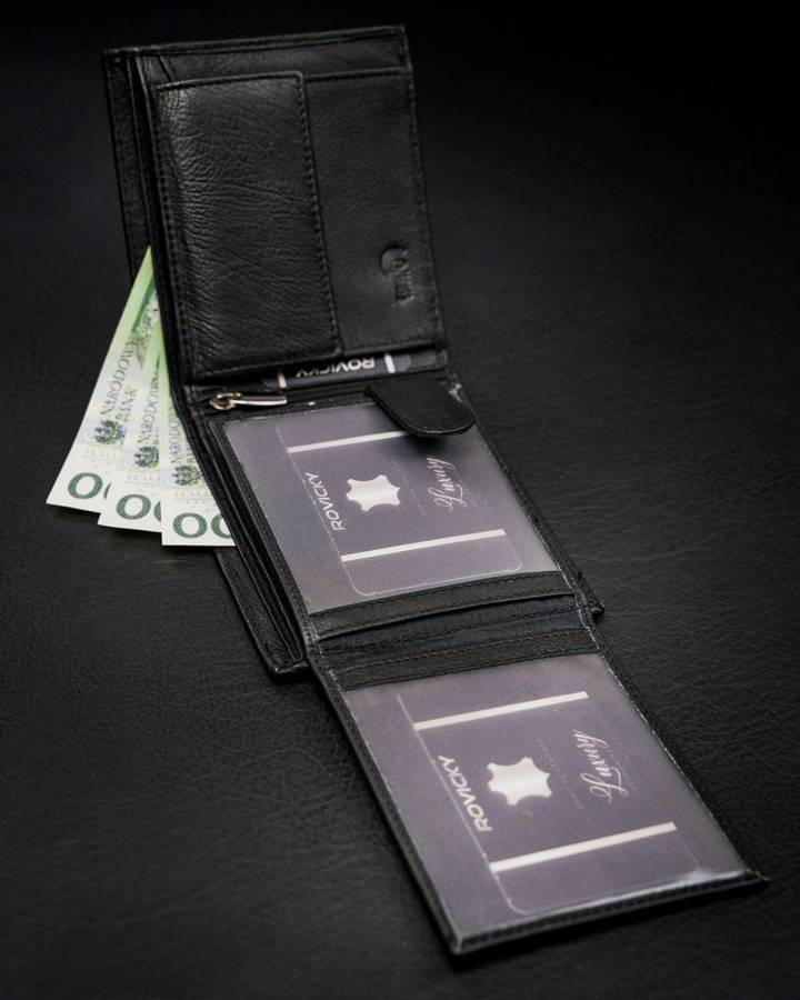 Poziomy portfel męski ze schowkiem na suwak, skóra naturalna, RFID Stop - Rovicky