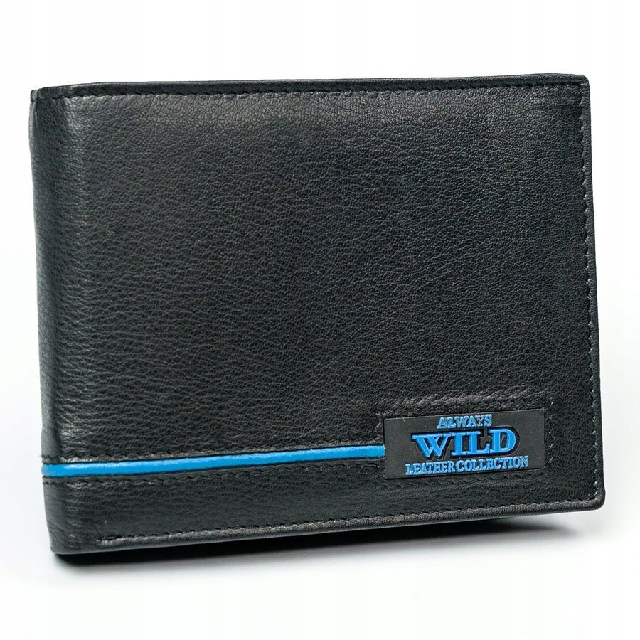 Poziomy portfel z gładkiej skóry naturalnej z niebieską lamówką — Always Wild