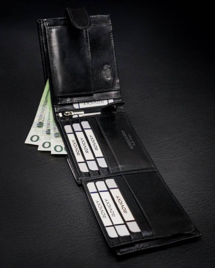 Poziomy, skórzany portfel męski z ozdobnym przeszyciem, zapięcie - Rovicky