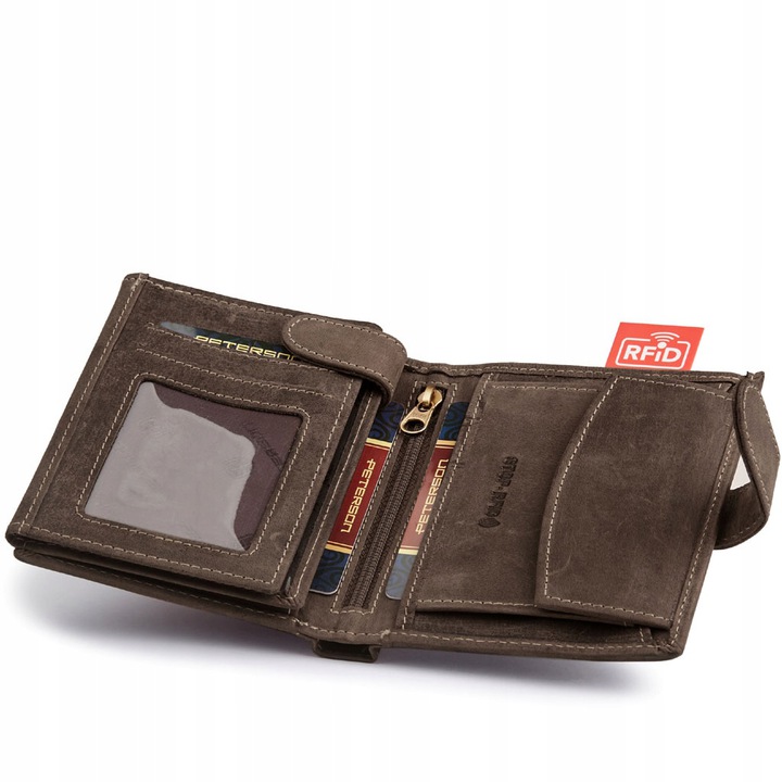 Rozbudowany, pionowy portfel męski ze skóry nubukowej RFID - Peterson 