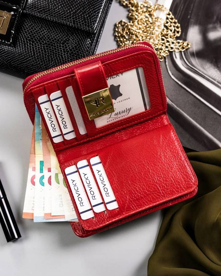 Skórzany portfel damski na zatrzask z systemem RFID - Rovicky
