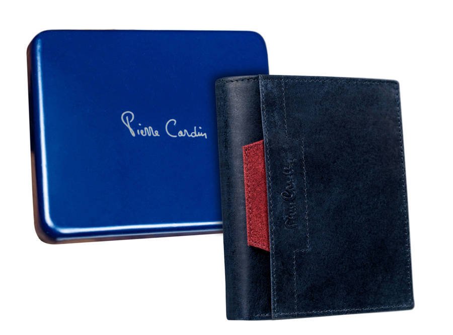Skórzany portfel męski pionowy z czerwonym akcentem — Pierre Cardin