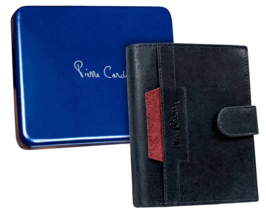 Skórzany portfel męski pionowy z czerwonym akcentem, zatrzask — Pierre Cardin