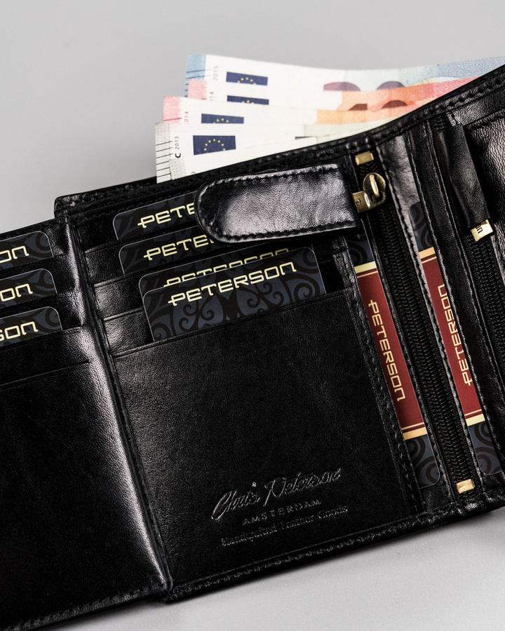 Skórzany portfel męski z zapinaną sekcją na dokumenty — Peterson
