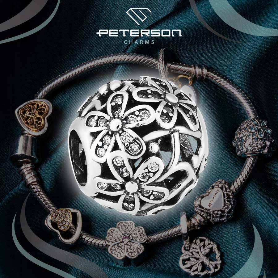 Srebrny charms okrągły z kwiatkami i cyrkoniami do modułowej bransoletki - Peterson