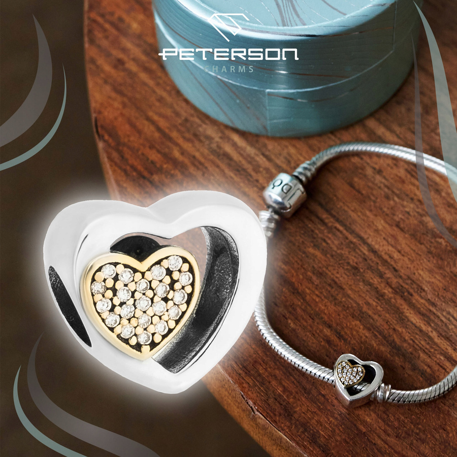 Srebrny charms podwójne serduszko z cyrkoniami do modułowej bransoletki - Peterson