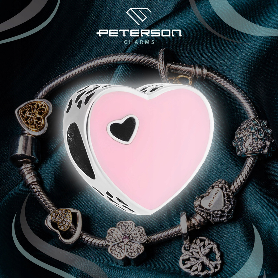 Srebrny charms różowe serduszko do modułowej bransoletki - Peterson