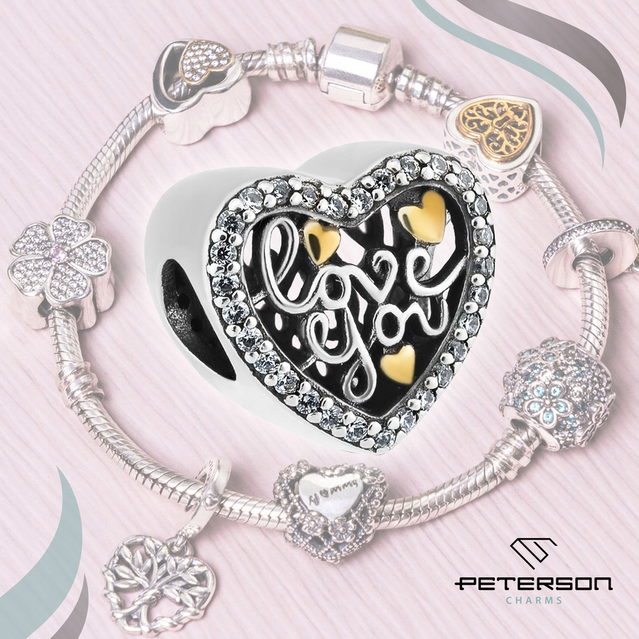 Srebrny charms serce z cyrkoniami i napisem do modułowej bransoletki - Peterson