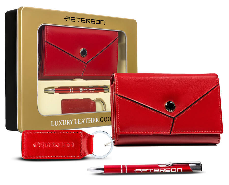 Zestaw prezentowy: średni, skórzany portfel damski, brelok i długopis - Peterson
