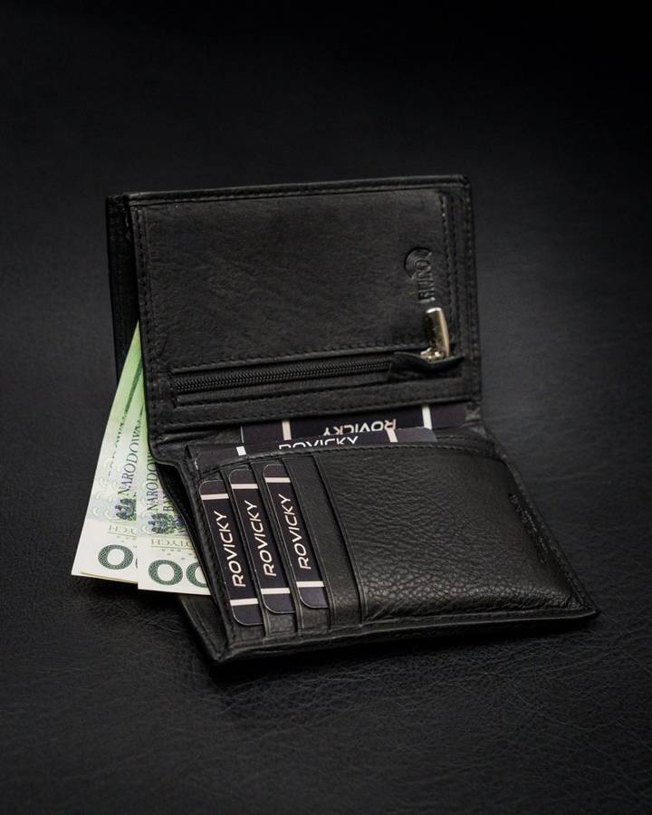 Zgrabny portfel męski ze skóry naturalnej, czarny, ochrona RFID - Rovicky