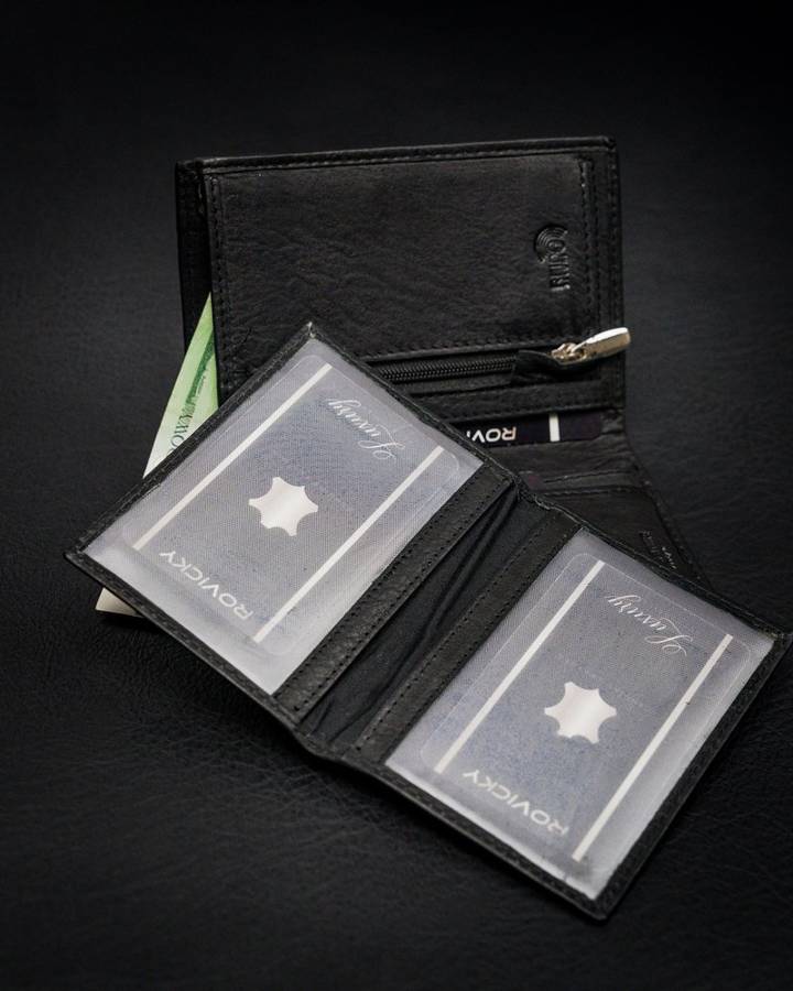 Zgrabny portfel męski ze skóry naturalnej, czarny, ochrona RFID - Rovicky